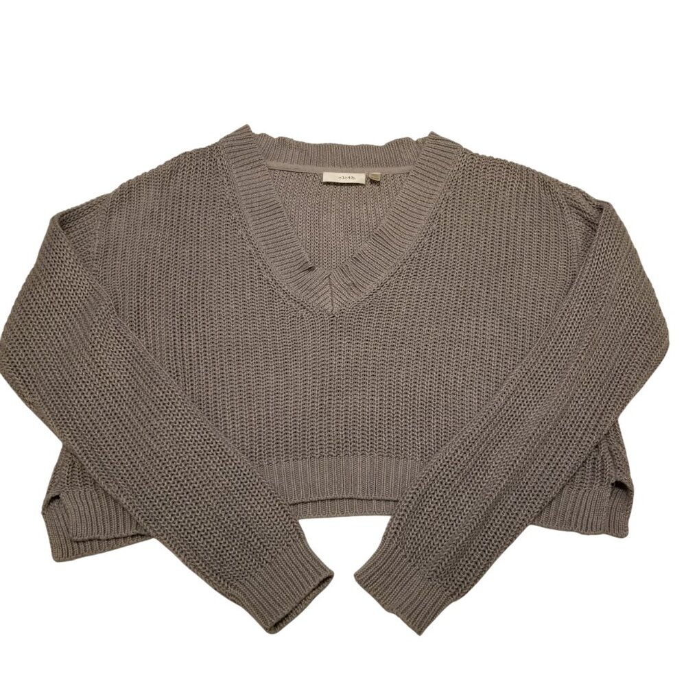Purplish Grey Knit Cropped Sweater V-Neck Cotton Mix Medium Jumper Cozy Cloth